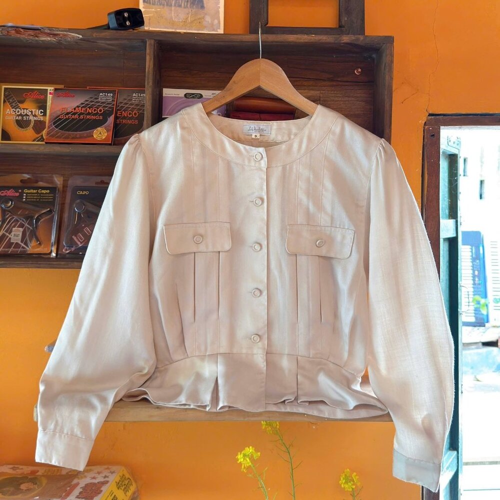 Vintage Beige Collarless Blouse Puff Sleeve Pleated Pocket Button Down Top